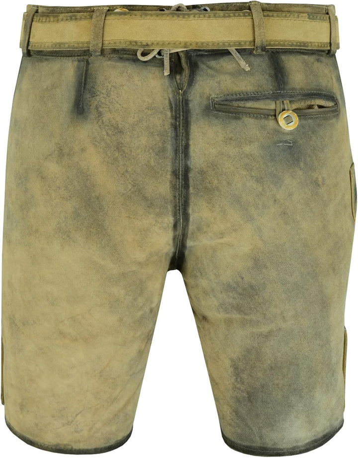 SiXsigma Sports Kurze Herren Trachten Lederhose mit Gürtel, Olive Meliert, Wildbockleder, Antik Okto