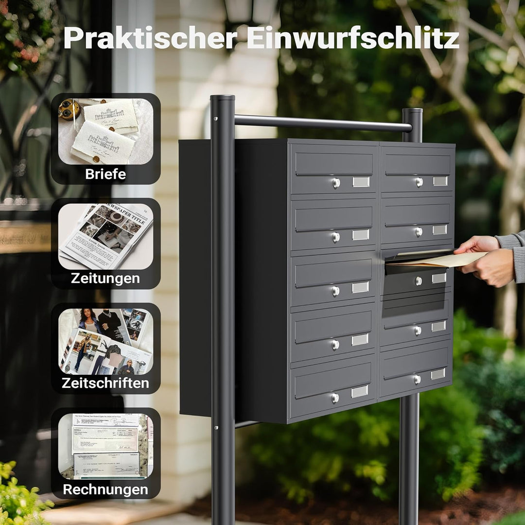 Wiltec 10er Briefkastenanlage Anthrazit 898 x 270 x 1500 mm, Standbriefkasten mit 2x5 Fächern, Schlü