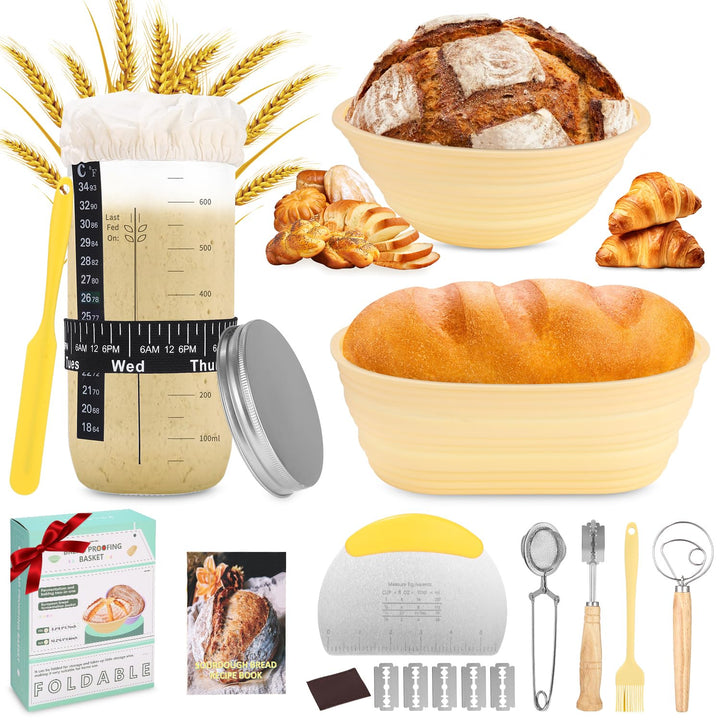Gärkörbchen, 12-Teilig Sauerteig Starter Set, 2 Gärkorb Set aus Silikon - Gärkörbchen Oval und Rund,