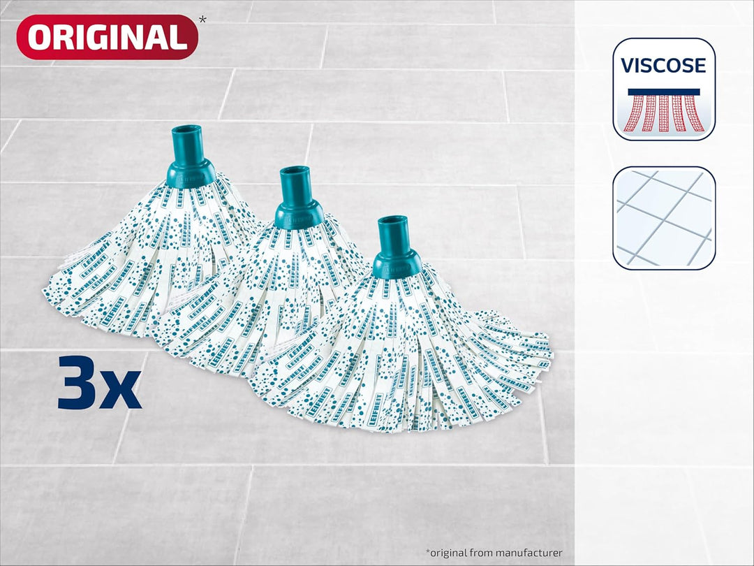 Leifheit Ersatzkopf Classic Mop Viskose 3er Set, mit Viskose und Polyester für hartnäckige Flecken a