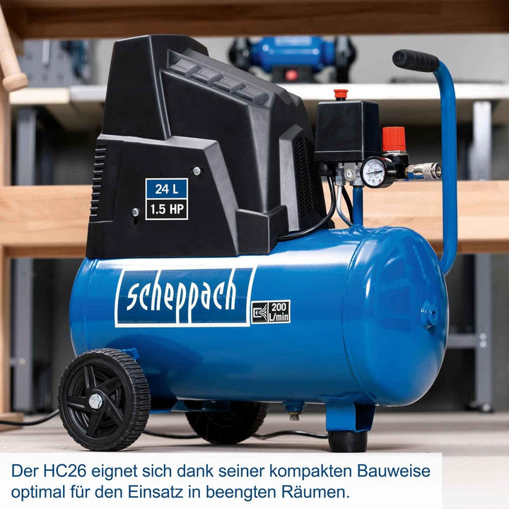 Scheppach Kompressor HC26 Druckluftkompressor | 220 l/min Ansaugleistung | 24L Kessel | 1500W | 8 ba