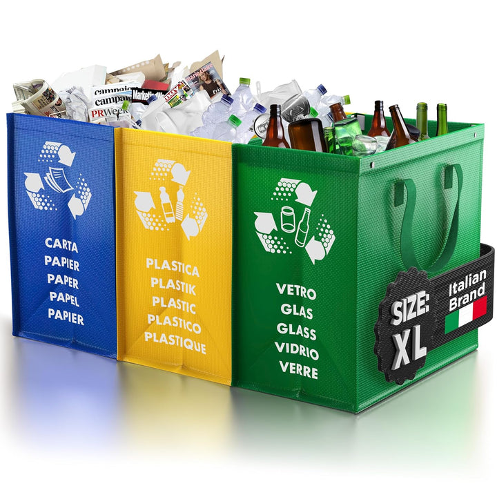 PTMS® Mülleimer 3 Fächer MAXI XL extra gross - Mülltrennsystem Taschen für Papier, Glas & Plastik -