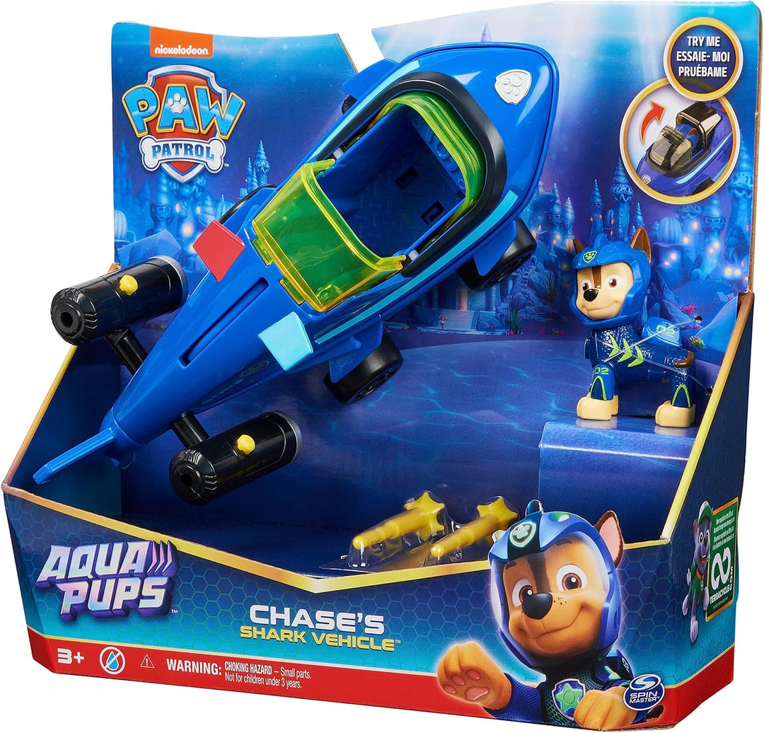 PAW PATROL, Aqua Pups - Basis Fahrzeug Spielzeugauto im Hai-Design mit Chase Welpenfigur, Spielzeug