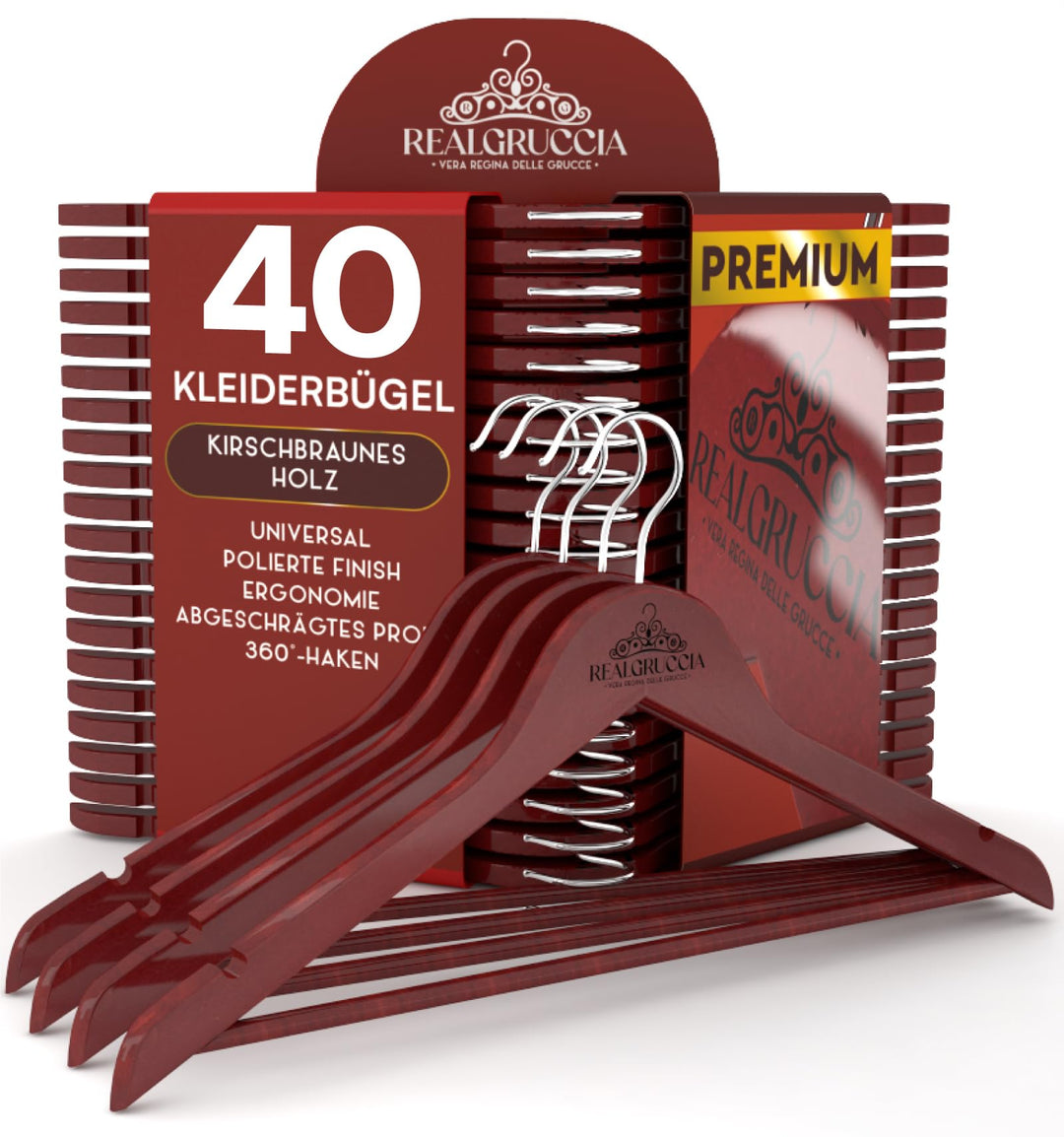 40 Kleiderbügel aus Holz Anti-Rutsch-Einkerbungen Holzbügel 22x45cm Farbe Kirsche - RealGruccia von