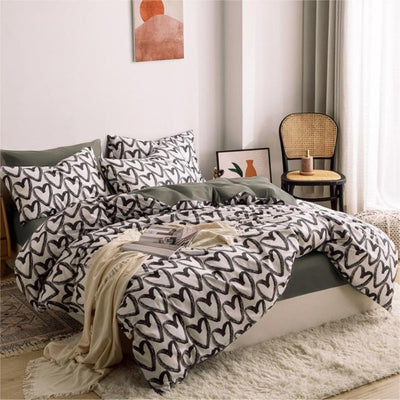 Freyamy Bettwäsche 135x200cm 2teilig Schwarz Weiss Herz Bettwaren-Sets Gebürstet Microfaser Weiche W
