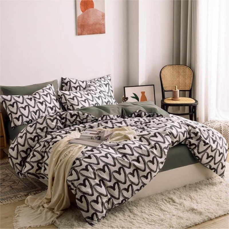 Freyamy Bettwäsche 135x200cm 2teilig Schwarz Weiss Herz Bettwaren-Sets Gebürstet Microfaser Weiche W