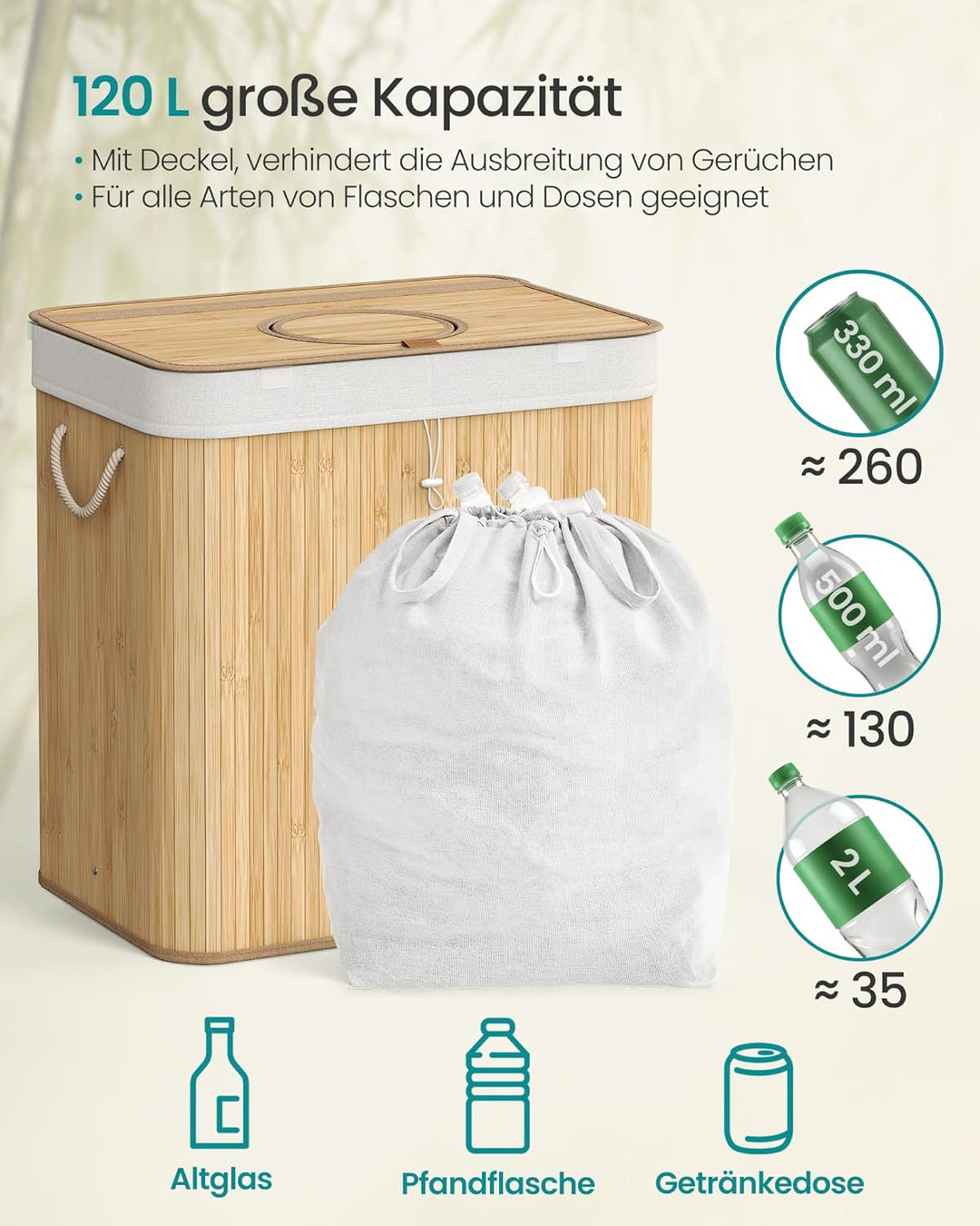 SONGMICS Pfandflaschen-Sammelbehälter, 120 L Pfandflaschen-Behälter, Bambus, Flaschensammler Leergut