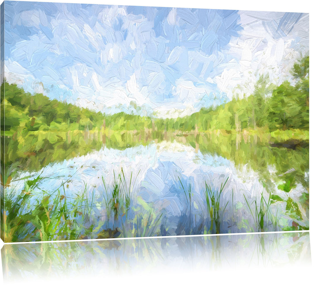 See im Wald Pinsel Effekt, Format: 100x70 auf Leinwand, XXL riesige Bilder fertig gerahmt mit Keilra