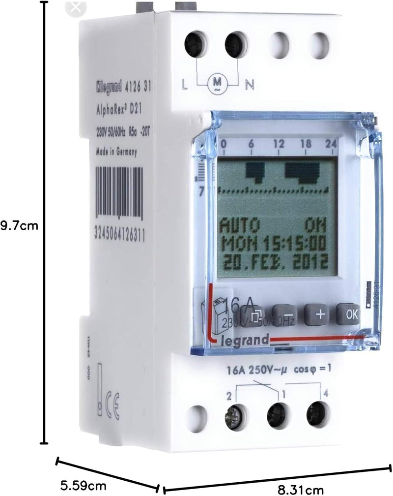 LEGRAND, Digitale Astro-Zeitschaltuhr mit Kombifunktion AlphaRex D21, 1 Kanal, 2-modulig mit 56 Scha