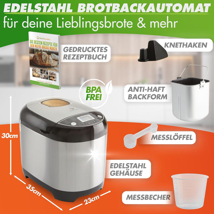 Nutrilovers NUTRI-BREAD-MAKER Edelstahl Brotbackautomat mit 19 Programmen, 3 Bräunungsstufen, Timer,
