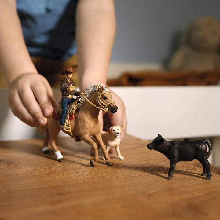SCHLEICH Farm World | Westernreiten 42578 | Bauernhof Set mit Cowboy, Pferd, Kuh und Hund sowie Zaum