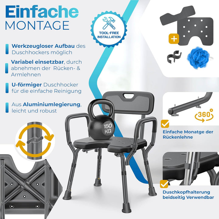 KESSER® Duschhocker mit Lehne für Senioren & Schwangere Duschsitz | Badhocker 150KG belastbar 6 Stuf