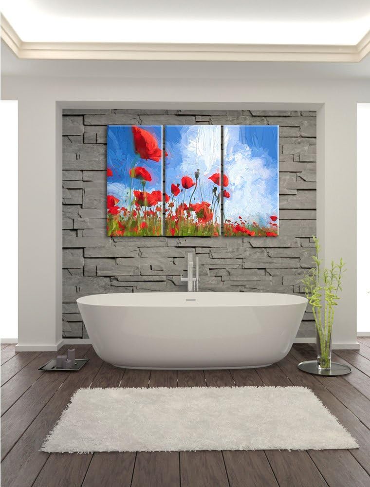 Pixxprint Mohnblumenfeld / 3-Teilig/Gesamtmass 120cm Leinwandbild bespannt auf Holzrahmen/Wandbild K