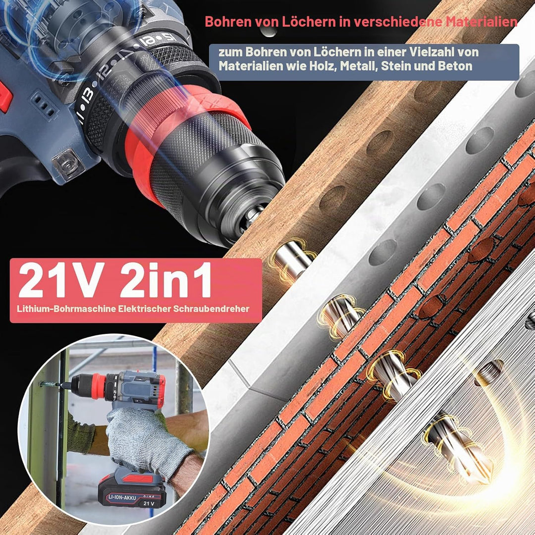 Weytoll 21V Akku Bohrmaschine, Akkuschrauber mit Akku*2 1300mAh, Akku Bohrer Abnehmbares Bohrfutter,