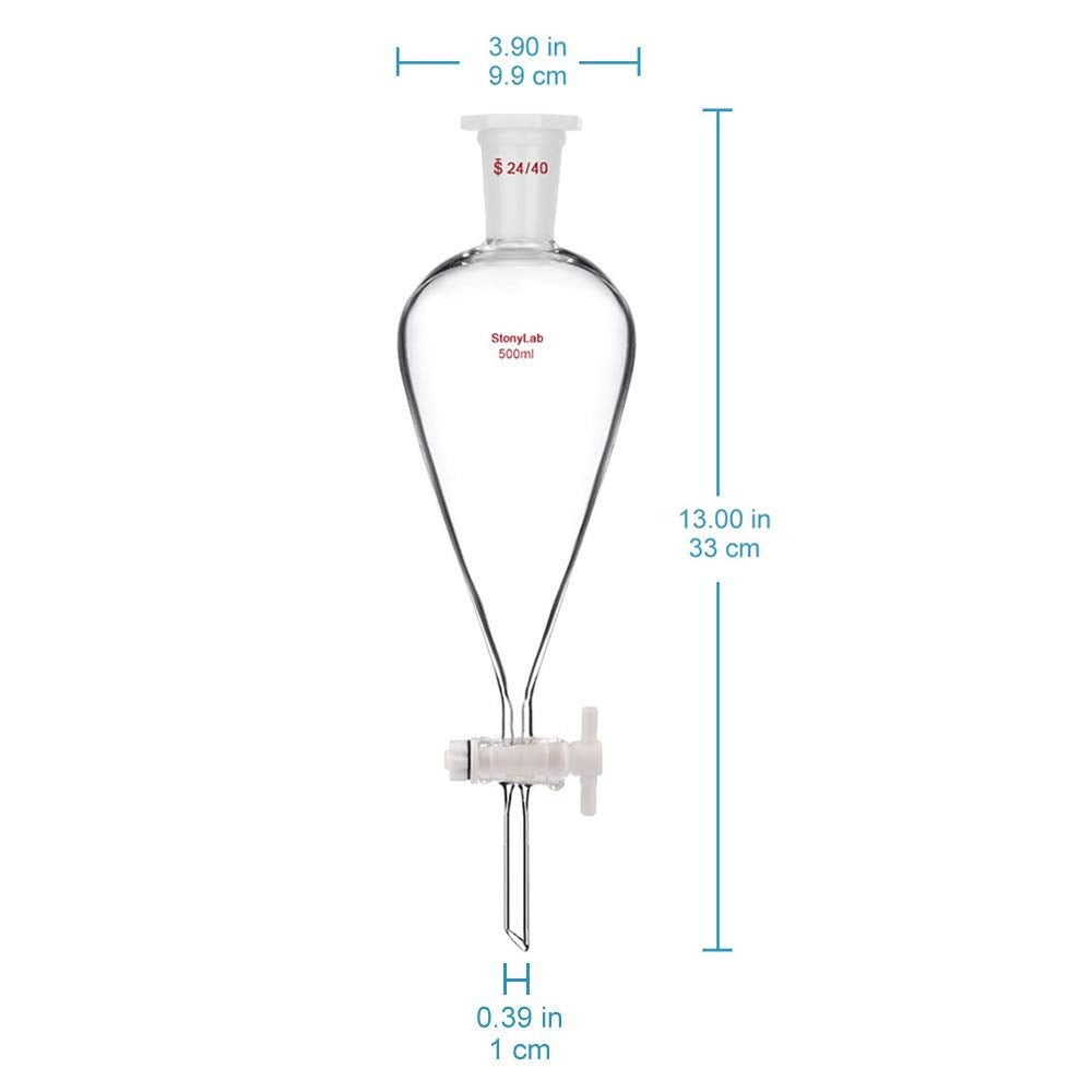 StonyLab 500 ml Trichter aus Borosilikatglas, Separatory Funnel, Schwerwandig Konisch mit 24/40 Gele