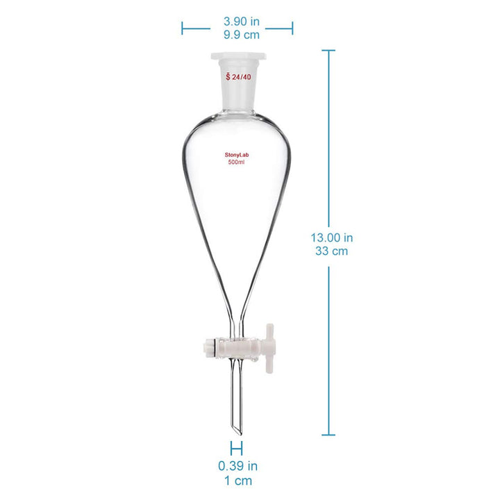 StonyLab 500 ml Trichter aus Borosilikatglas, Separatory Funnel, Schwerwandig Konisch mit 24/40 Gele