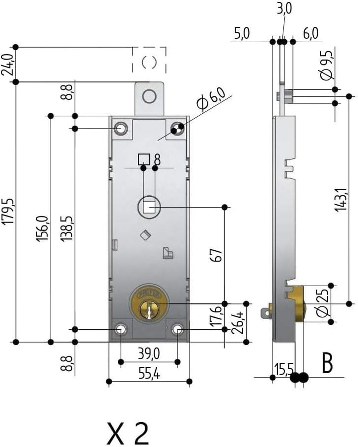 Paar Schlösser B551.0810.000 für Kipp-/Garagenzylinder rund