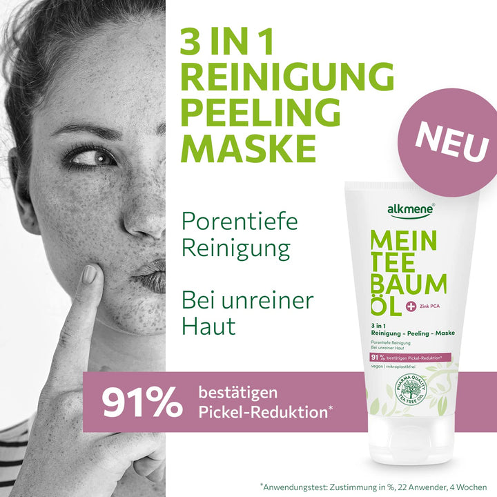 alkmene Mein Teebaumöl 3in1 Reinigung Peeling Maske 3x 150 ml Pickel Reduktion 91% bestätigt - natur