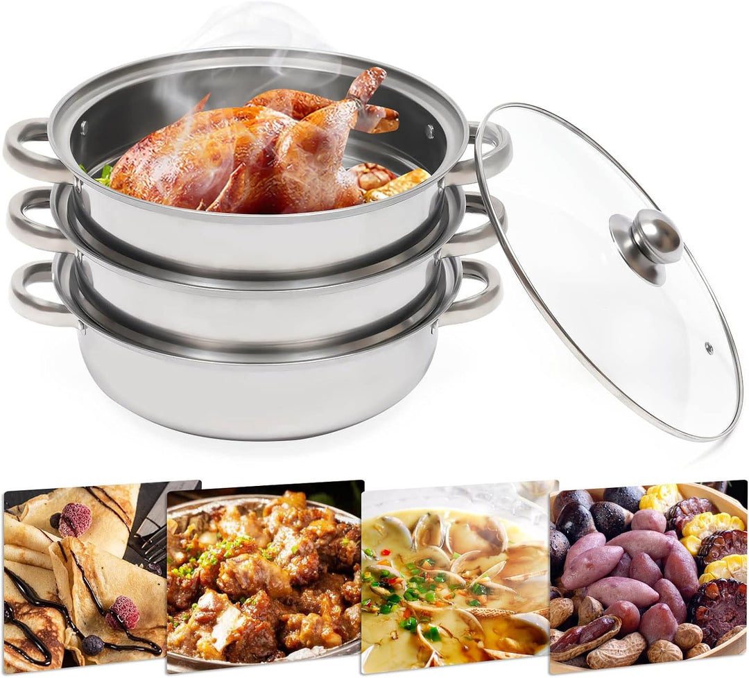 Dampfgarer 3-teilig 25cm Edelstahl, 2 Dampfeinsätze für Induktion | 25cm, 3-teilig, Edelstahl, 2 Dam
