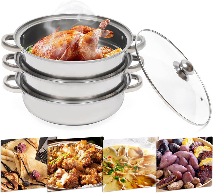 Dampfgarer 3-teilig 25cm Edelstahl, 2 Dampfeinsätze für Induktion | 25cm, 3-teilig, Edelstahl, 2 Dam