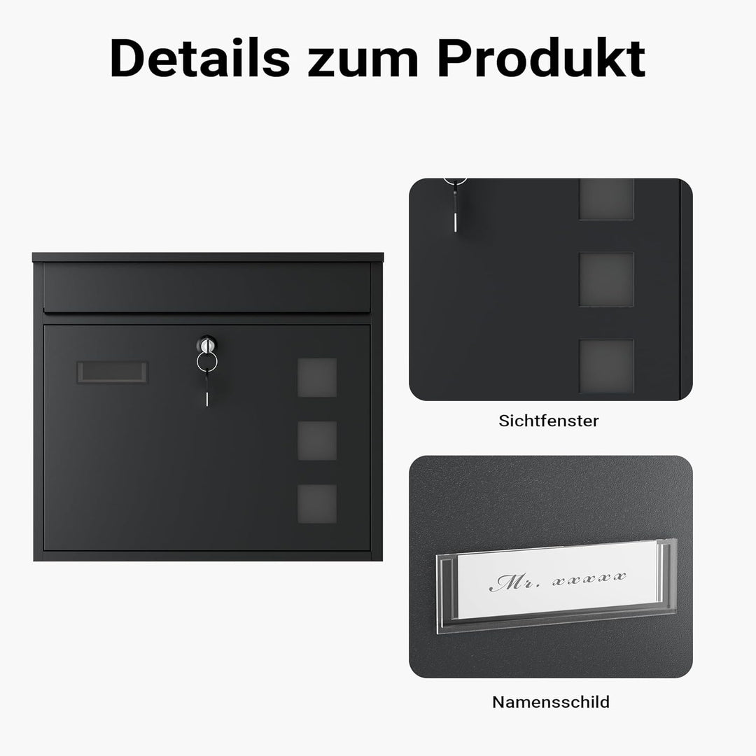 Wiltec Briefkasten V12 schwarz 360 x 115 x 315 mm, Wandbriefkasten mit Schloss, Sichtfenstern und Na