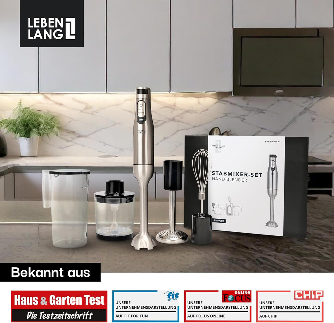 LEBENLANG Premium 1200W Stabmixer Set - Inkl. 5x Zubehör & Spritzschutz I Stufenlos verstellbar & Tu
