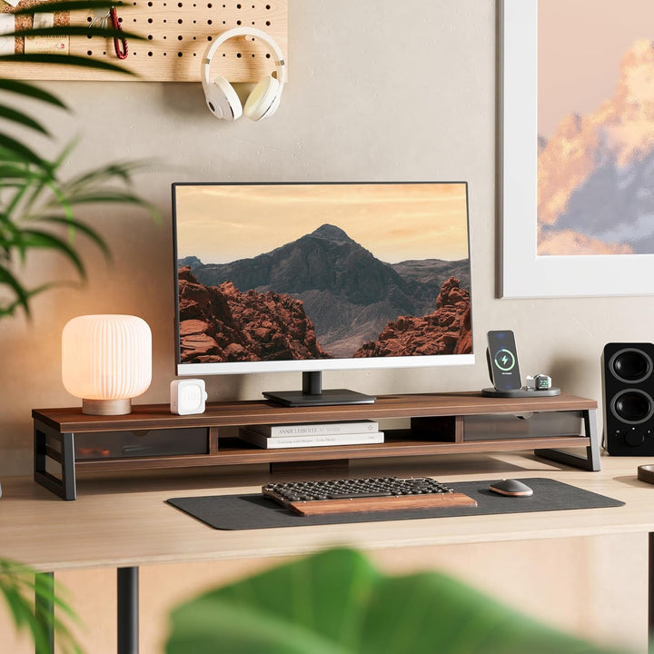 Fenge Dual Monitorständer Riser mit 2 Acryl Schubladen 2 Etagen 108cm Computer Bildschirmständer für