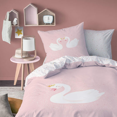 CTI Bettwäsche 135x200cm + 80x80 cm 100% Baumwolle Wendebettwäsche Schwan mit Stern Krone rosa