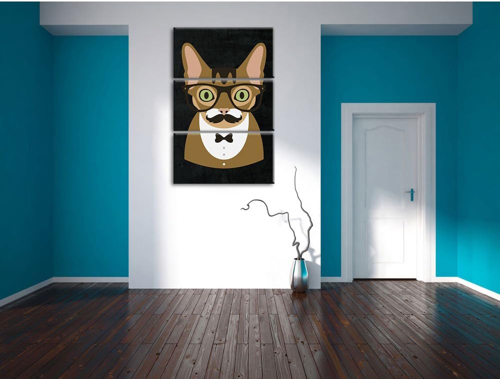 Pixxprint Hipster Katze mit Brille, Schnurbart und Fliege (Main Coon) schwarz 3-Teiler Leinwandbild