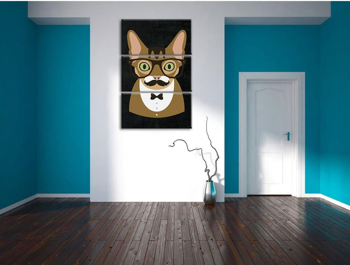 Pixxprint Hipster Katze mit Brille, Schnurbart und Fliege (Main Coon) schwarz 3-Teiler Leinwandbild