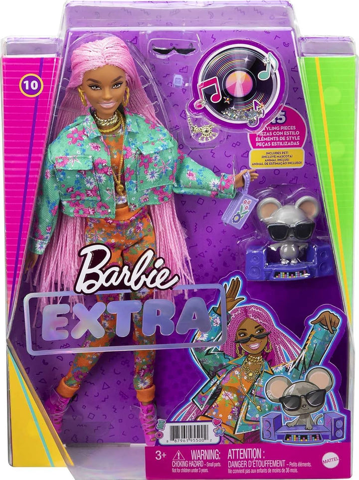 Barbie GXF09 - Extra Puppe, Pinke Flechtzöpfe, in Floral bedruckter Jacke & Hose, DJ Haustier-Maus,