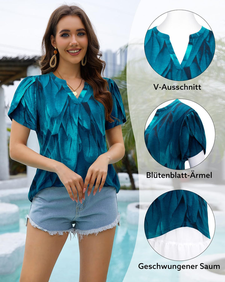 Siddhe Damen Bluse Kurzarm T-Shirts V-Ausschnitt Elegant Lässig Tunika Oberteil Locker Longshirt Pfa