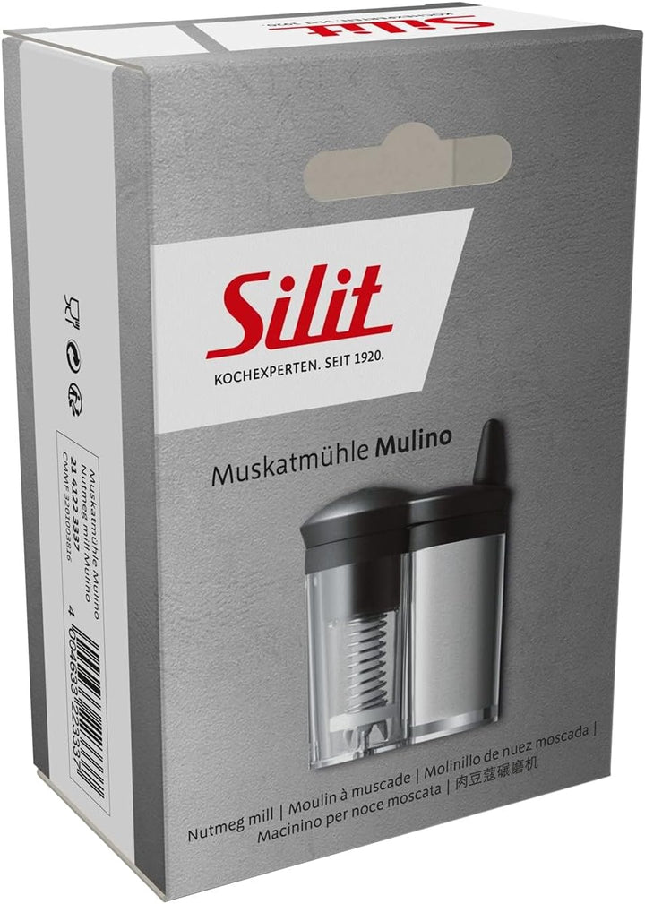 Silit Mulino Muskatmühle mit Reservebehälter, Reibe mit Behälter, Muskatnuss Mühle, Glas, Kunststoff
