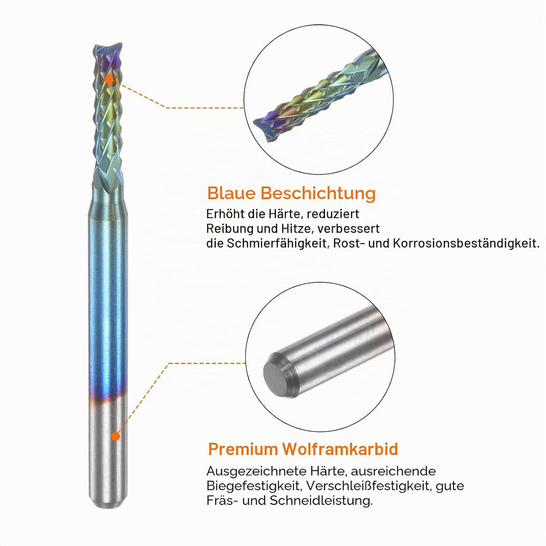 QUARKZMAN 10Stk Ende Fräsen CNC Fräser Bits 1/8" Schaft 2.4mm Blau Beschichtet Wolfram Karbid Fräsma