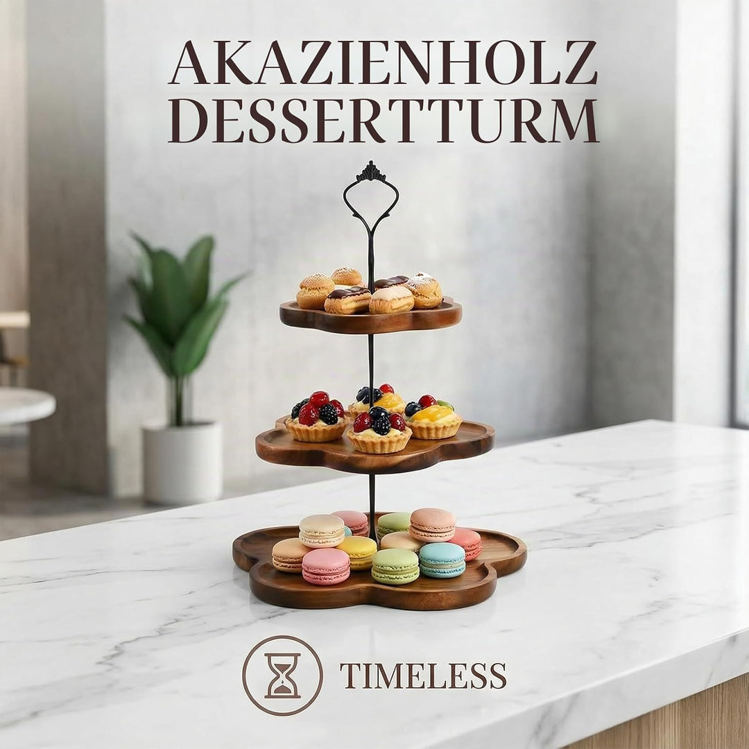 Etagere 3 Etagen Holz, Tortenständer 3 Stöckig, Cupcake Ständer mit Metallgriff, Kuchenständer, Serv