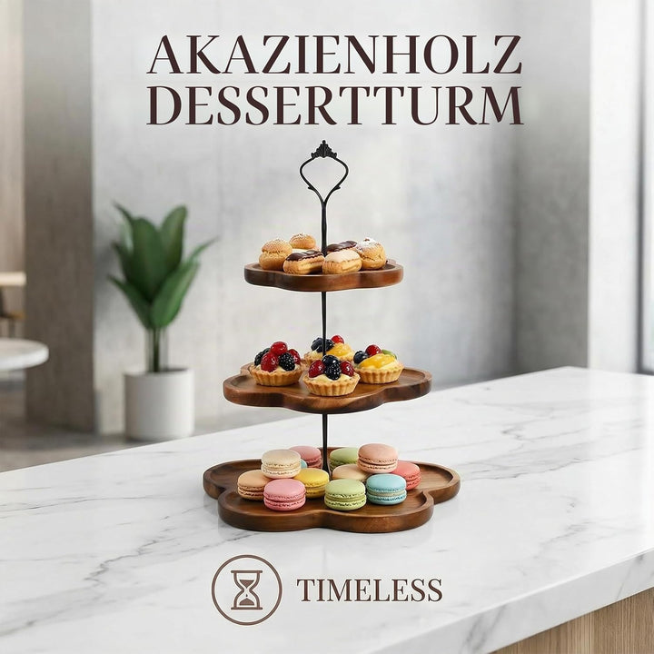 Etagere 3 Etagen Holz, Tortenständer 3 Stöckig, Cupcake Ständer mit Metallgriff, Kuchenständer, Serv