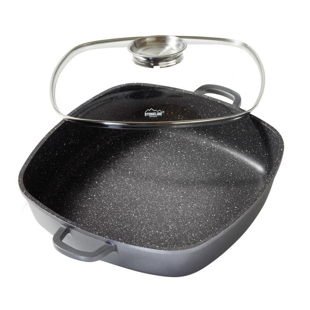 STONELINE Servierpfanne Eckig 32 cm, Eckige Pfanne Induktion mit Deckel, Aroma Funktion, Aluguss, An