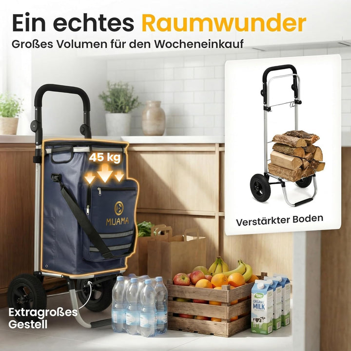 Einkaufstrolley mit grossen Rädern [45 kg Tragkraft] Leichter, klappbarer Hackenporsche mit Metallha