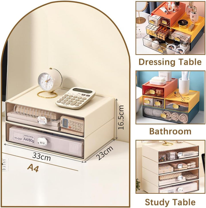 2 PCS Schreibtisch Schubladenbox mit 2 Schubladen, Stapelbarer A4 Papier Büro Organizer Drawer mit E