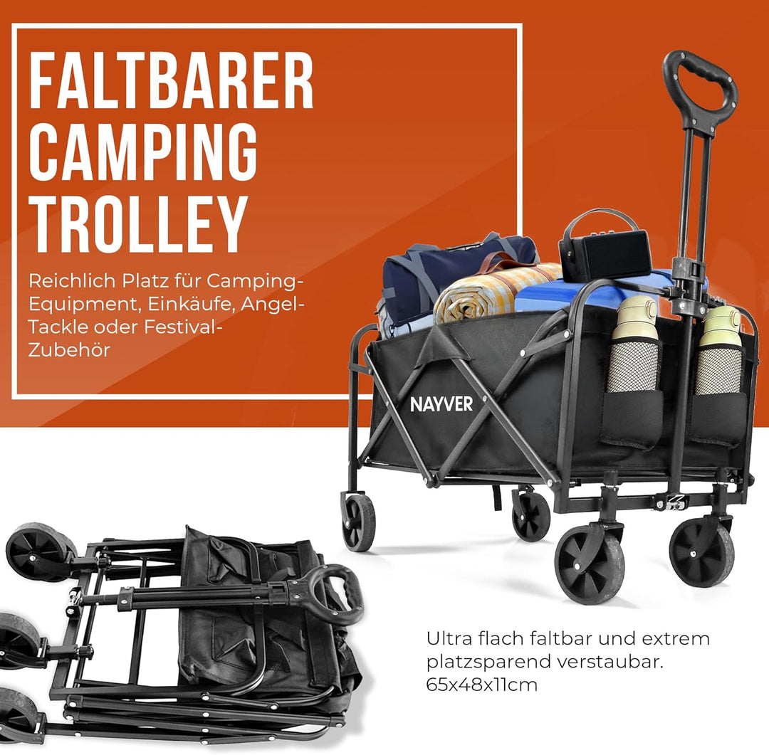 Faltbarer Bollerwagen Camping Trolley Handwagen | Bis 80kg Tragkraft, 60L Volumen, 360° Rädern, 600D