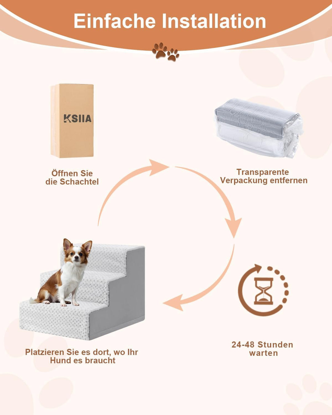 KSIIA Hundetreppe für Kleine Hunde 33cm Hoch, Haustiertreppe mit Abnehmbarem Waschbarem Bezug, Katze