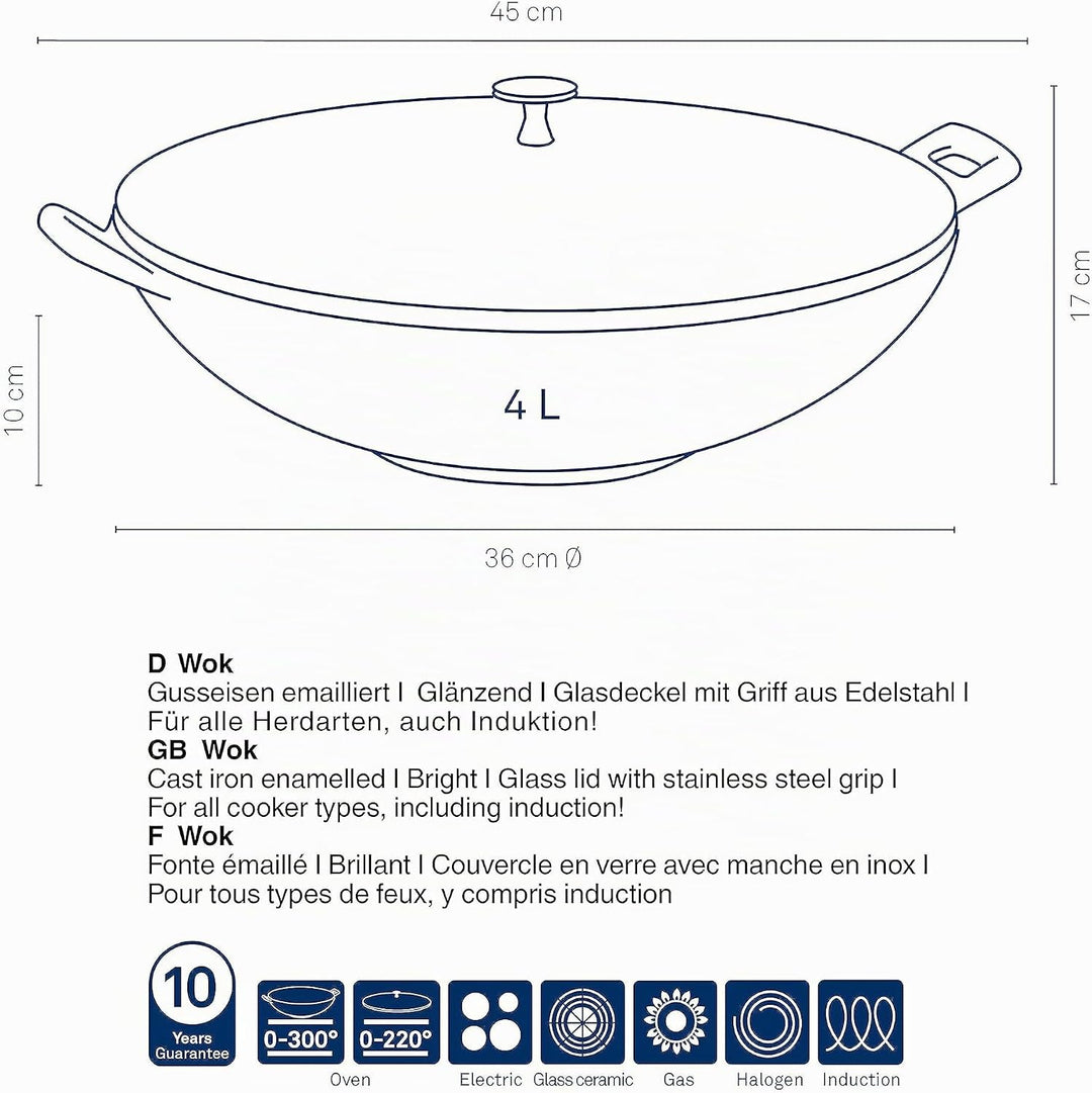 Kela Wok Calido Gusseisen rot 10cm 36cmØ 4l, 36 cm, Rot