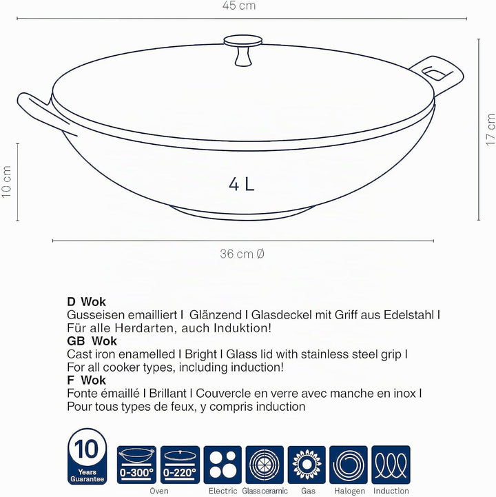 Kela Wok Calido Gusseisen rot 10cm 36cmØ 4l, 36 cm, Rot