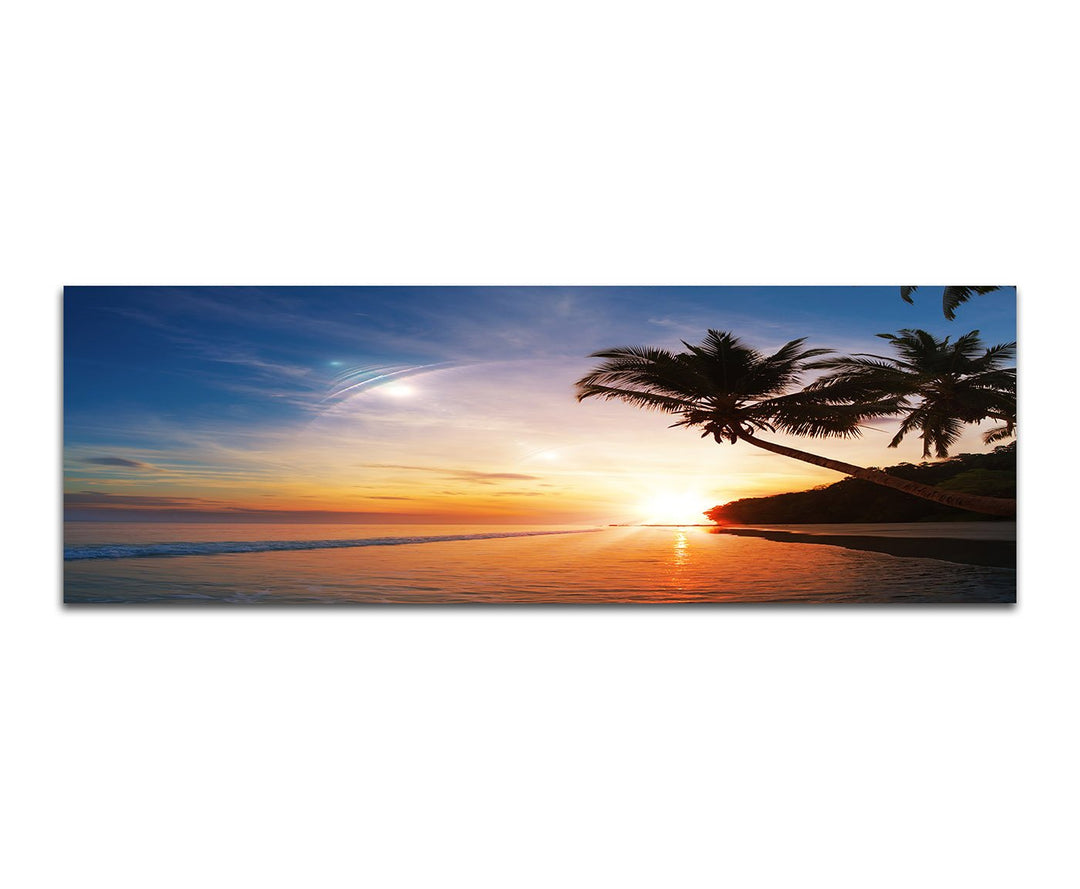 Panoramabild auf Leinwand und Keilrahmen 150x50cm Strand Meer Palmen Sonnenuntergang