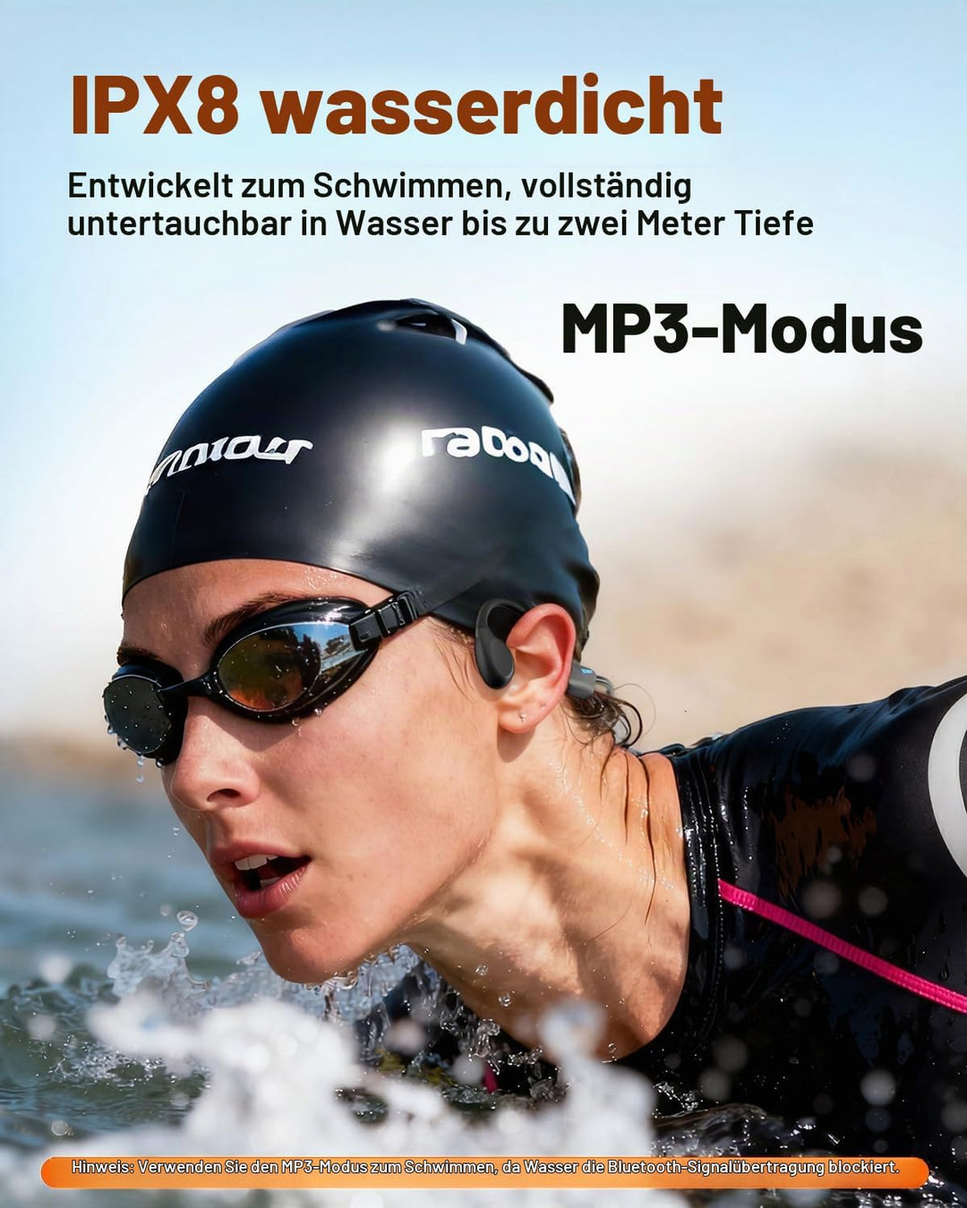 MONODEAL Knochenschall Kopfhörer Schwimmen Bluetooth 6.0 IPX8 Unterwasser 32G MP3 Open-Ear Bone Cond