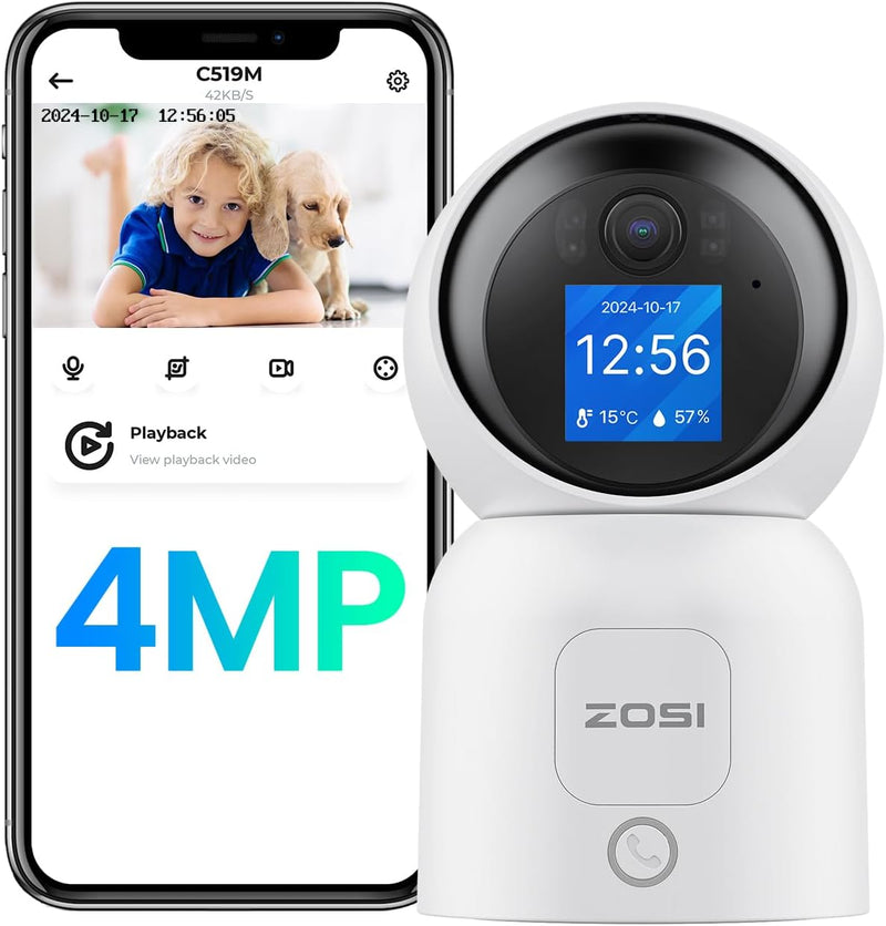 ZOSI 2,5K 4MP WLAN Innen Überwachungskamera mit Monitor, 360° Schwenkbare Kamera Indoor für Baby, 2,