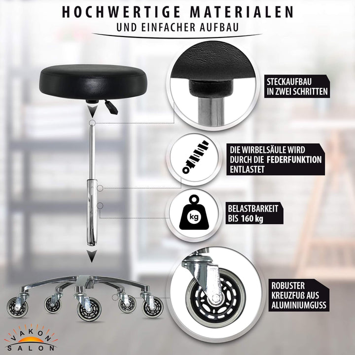 VAKON SALON - Premium Rollhocker höhenverstellbar von 50 bis 65 cm - Rundsitz- Drehhocker Arbeitshoc