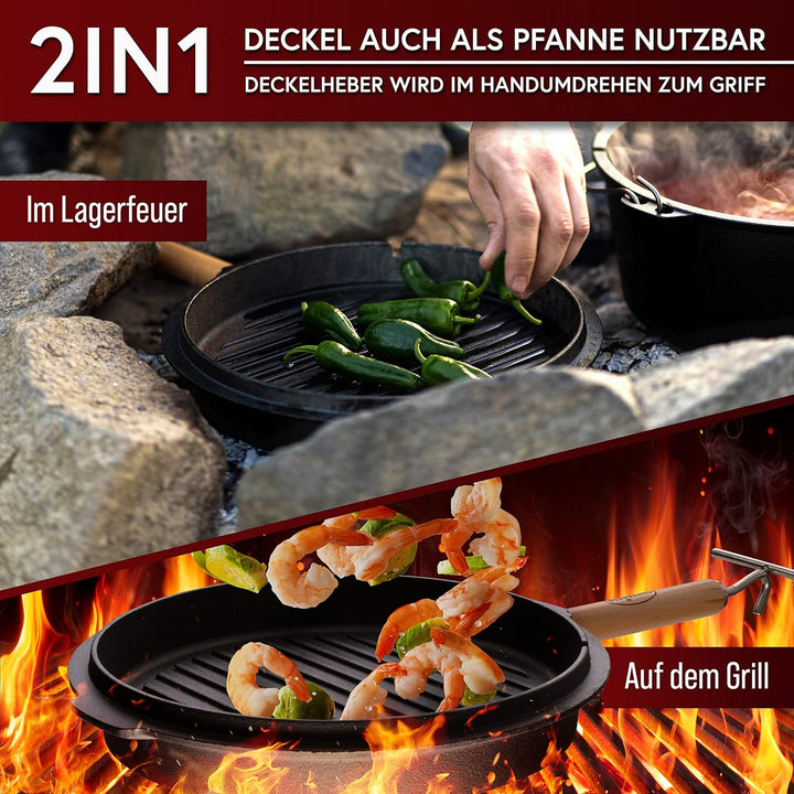 GUSSKÖNIG Dutch Oven Set [9L] - Eingebrannter Feuertopf mit innovativem 2in1 Deckelheber, Reinigungs