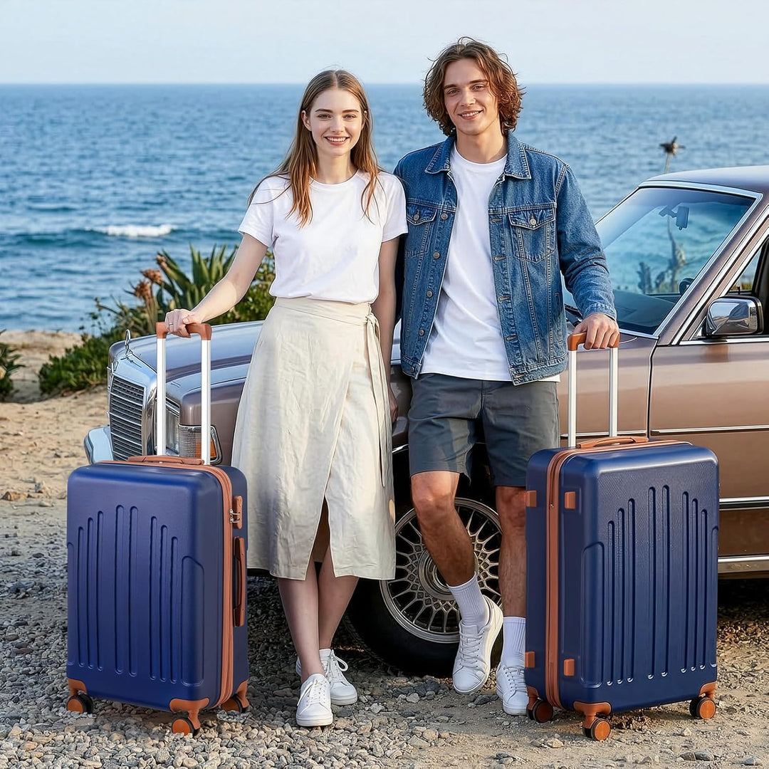 LALAHO Zwillingsrollen Reisekoffer Koffer Trolleys Hartschale M-L-XL-Set (Navy-Braun, L, 65CM) Navy-