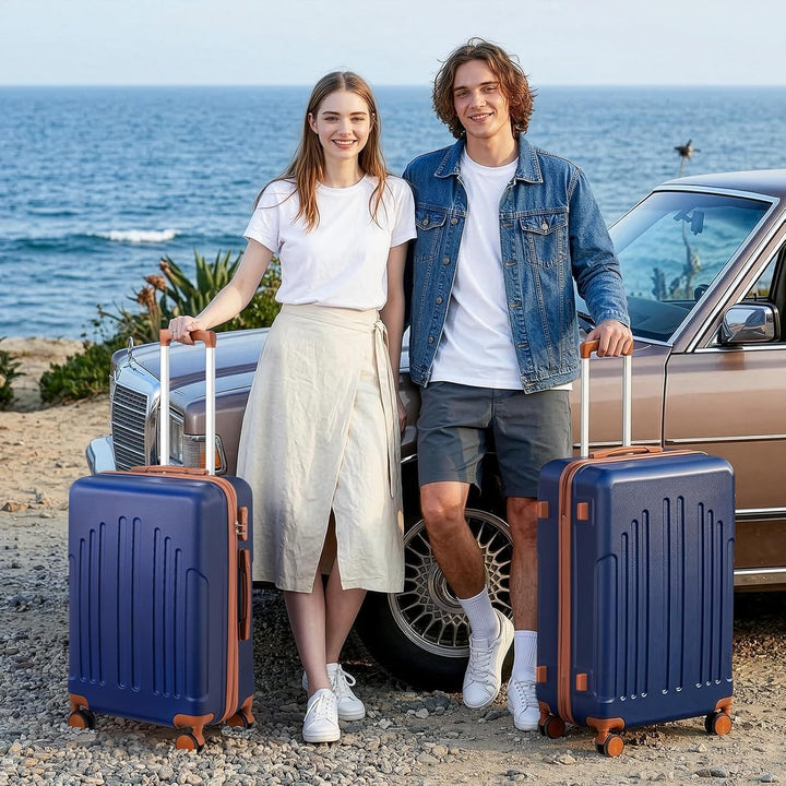 LALAHO Zwillingsrollen Reisekoffer Koffer Trolleys Hartschale M-L-XL-Set (Navy-Braun, L, 65CM) Navy-